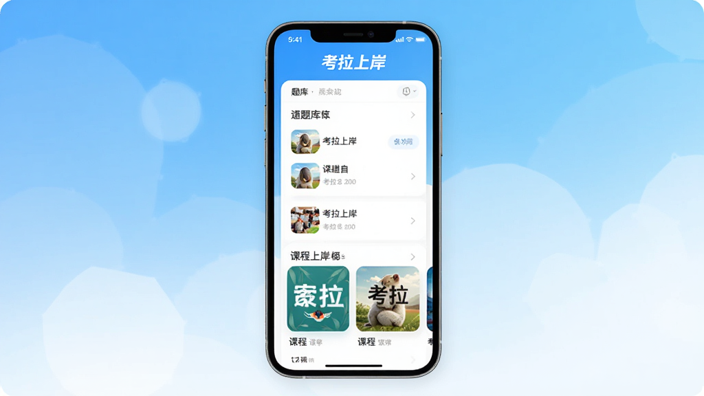 画面主体为“考拉上岸”APP界面展示,采用手机竖屏居中构图,背景为清新的蓝白渐变,手机屏幕内显示题库列表和课程封面,界面风格简洁现代,顶部有“考拉上岸”品牌字样,整体排版干净、色调明亮,画质细腻,无多余元素