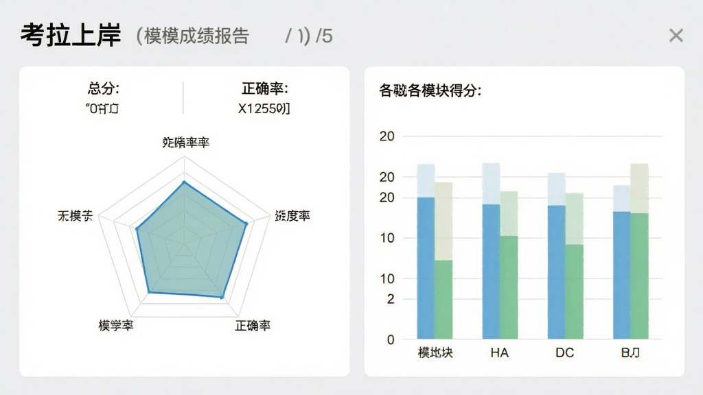 画面主体为“考拉上岸”模考成绩报告页面,包含总分、排名、正确率雷达图,以及各模块得分柱状图,背景为浅灰色,界面简约清晰,数据可视化呈现,画质干净,无多余元素
