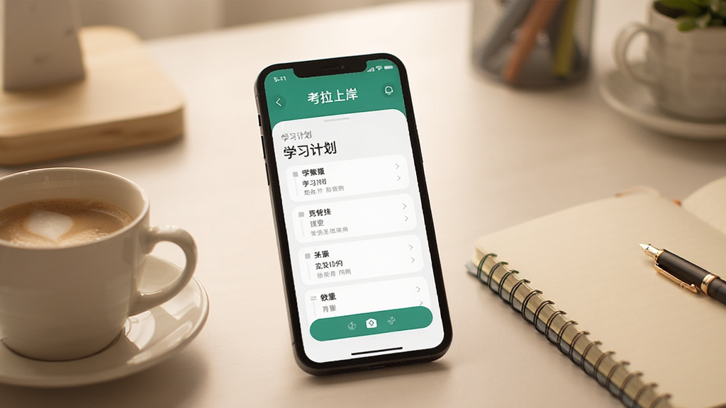 画面主体为“考拉上岸”APP在手机上的使用场景,手机放置在桌面,屏幕显示学习计划页面,旁边有一杯咖啡和笔记本,背景为书桌,光线柔和,整体风格温馨,画质干净,无多余元素