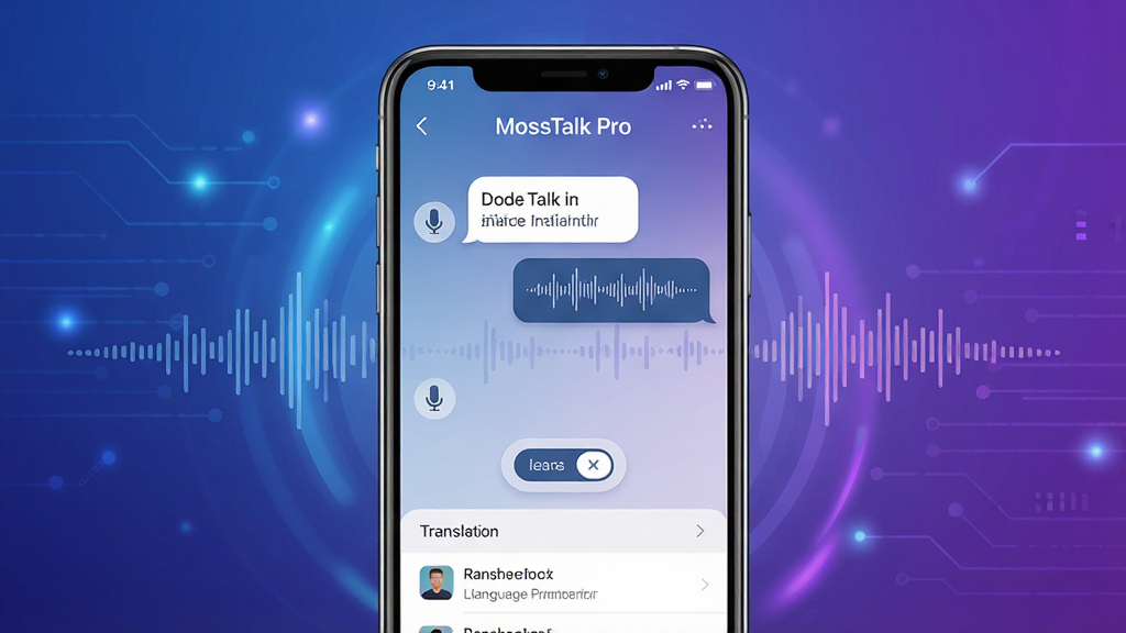 һ��չʾMossTalk ProӦ�ý���ĸ������ͼ������Ϊ�����ֻ���Ļ����Ļ����ʾ˫��Ի������벨����Ƶ����������Ϊ��������ɫ�Ƽ���Ч�����ֲ��þ��жԳƹ�ͼ������Ԫ��������ע��MossTalk Pro��������������Ϊ�ִ���ƽ�����΢���ϸ�ڰ�����˷�ͼ�ꡢ�����л���ť��������ʷ�б������������ɾ����޶���Ԫ��