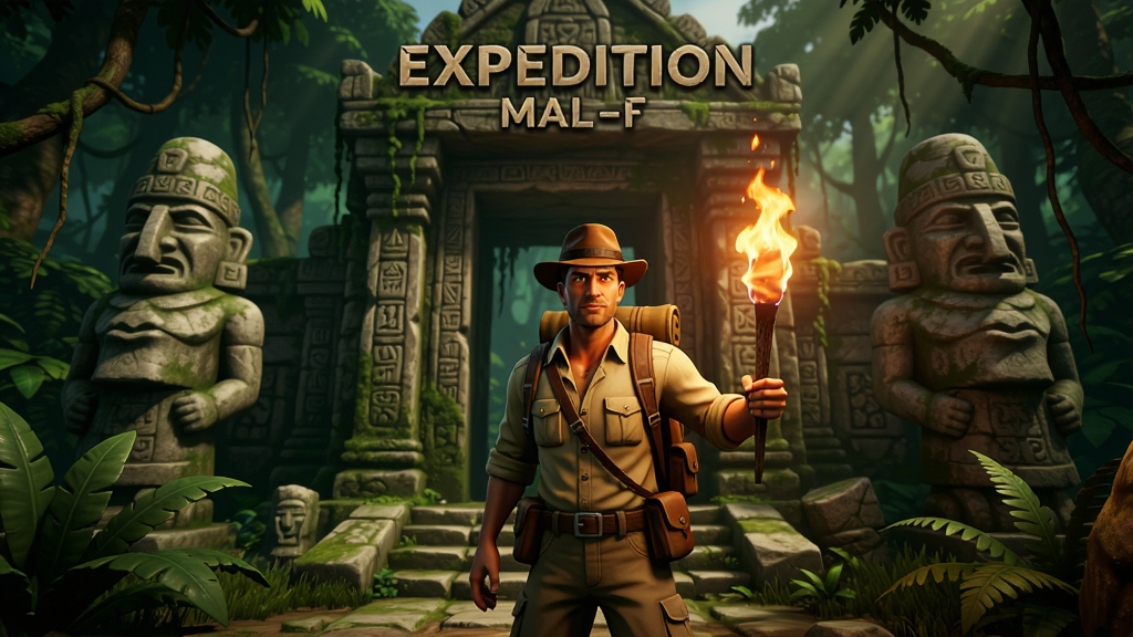 Expedition游戏主界面,展示一名探险家站在古老遗迹入口,手持火把,背后是茂密丛林与神秘石像,画面采用写实3D风格,光影层次分明,色彩浓郁,布局以人物为中心,周围环境细节丰富,画质高清,干净无多余元素