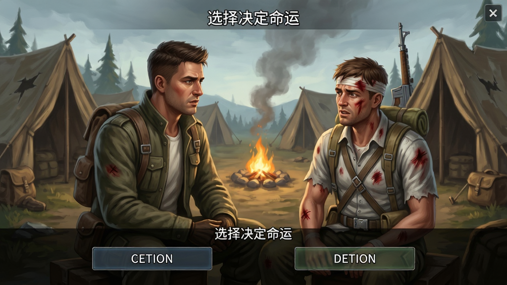 Expedition剧情对话界面,角色与一名受伤的队友对话,背景是破旧的营地,屏幕下方出现两个选项按钮,画面风格为写实插画,表情生动,布局清晰,文字内容“选择决定命运”,画质干净