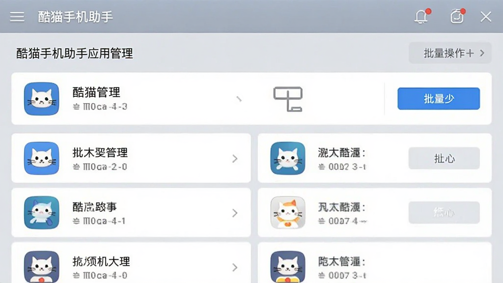 酷猫手机助手应用管理界面截图,展示应用列表,带有批量操作按钮,背景为浅灰色,卡片式布局,文字清晰,画质干净