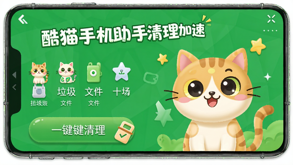 酷猫手机助手清理加速界面,显示垃圾文件扫描结果,带有