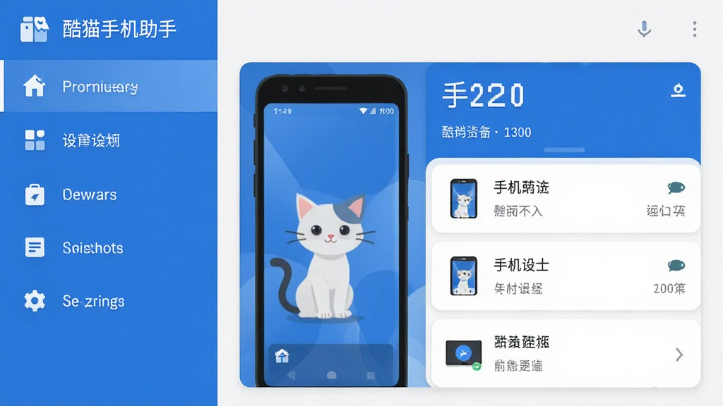 酷猫手机助手主界面展示,左侧功能导航栏,右侧为手机设备信息面板,界面以蓝白为主色调,扁平化设计风格,布局清晰,画质干净,无多余元素