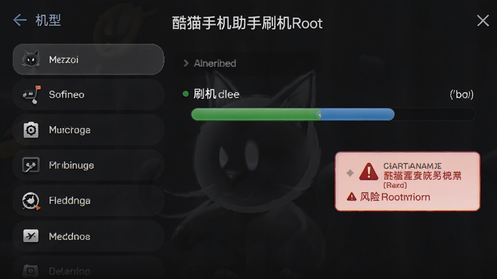 酷猫手机助手刷机Root功能页面,展示机型列表与刷机进度,带有风险提示框,风格专业,深色背景,细节丰富,画质干净