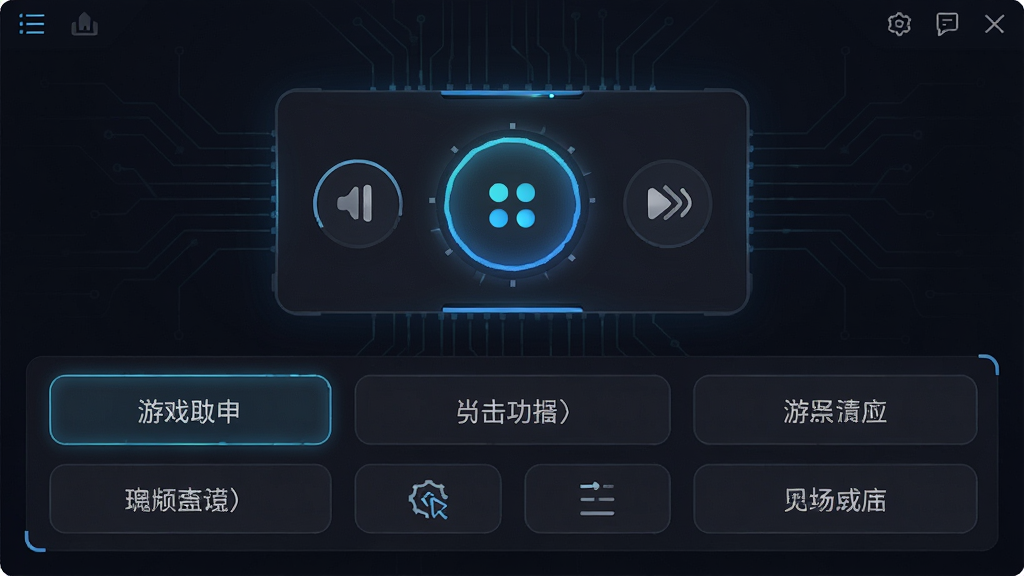 游戏助手点击器主界面预览图,展示简洁的深色主题布局,中央为点击控制面板,下方为功能按钮列表,整体风格现代科技感,细节清晰,画质干净,无多余元素