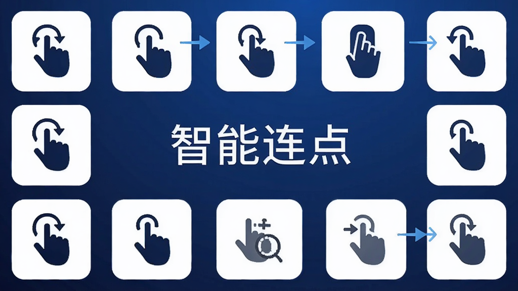 游戏助手点击器功能展示图,展示多种点击模式选项图标,包括单击、双击、长按、滑动等,图标排列整齐,背景为深蓝色渐变,风格简洁直观,文字标注“智能连点”,画质干净,无多余元素