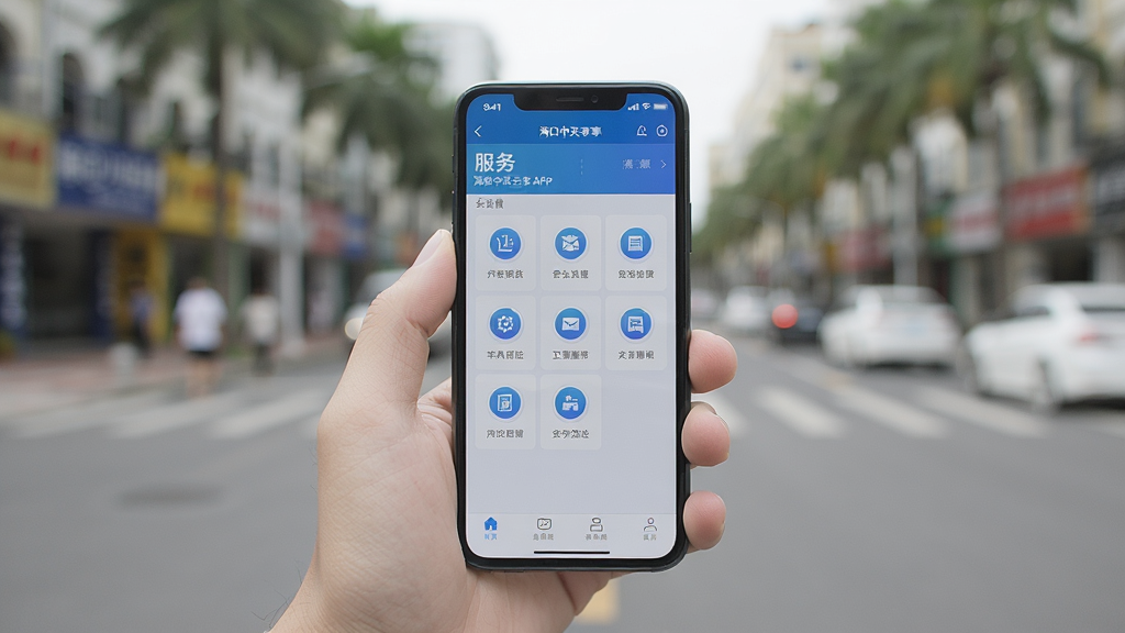 一张展示用户手持手机使用海口中交云享APP的实拍图,背景是模糊的海口城市街景,手机屏幕清晰显示APP内的“服务”页面,上面有各种功能图标,画面真实自然,光线柔和,构图居中,画质高清,风格写实,无多余元素