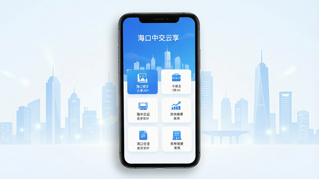 一张展示智能手机屏幕的俯视图,屏幕内是海口中交云享APP的首页界面,界面设计现代简约,采用蓝白主色调,顶部显示“海口中交云享”字样,中间有清晰的图标按钮排列,布局整齐,背景为干净明亮的城市建筑剪影,整体风格清新、科技感强,画质高清,干净无多余元素