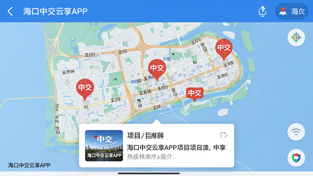 海口中交云享APP导航界面截图,画面中央显示一幅高精度城市电子地图,地图上有几个标注着“中交”字样的红色定位图标,下方有信息卡片弹出,展示项目名称与简介,界面UI风格扁平化,蓝色主色调,细节丰富,画质清晰,无多余元素