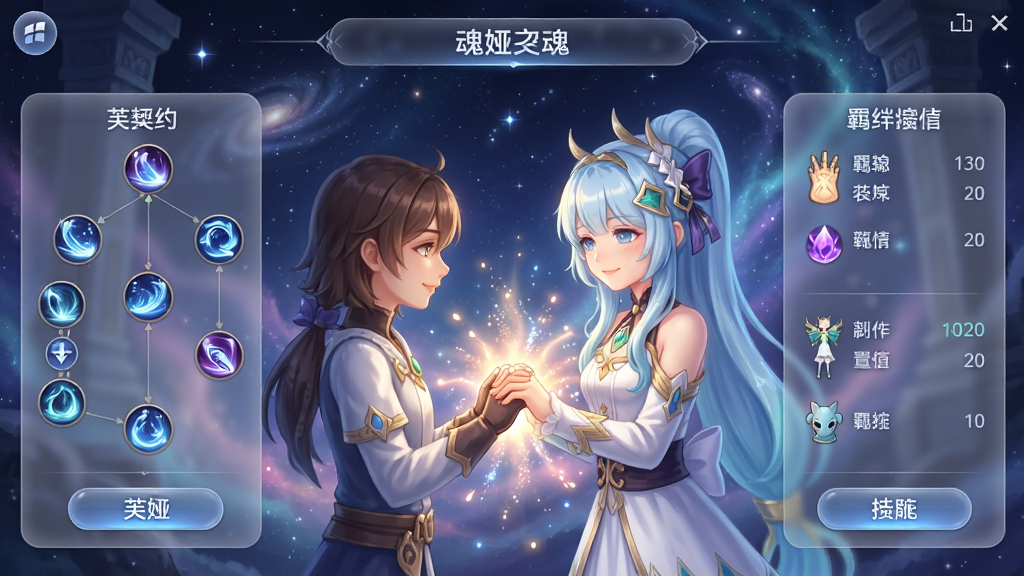 主体:《芙娅之魂》游戏内截图,展示“魂之契约”界面,玩家与芙娅在星空下牵手,契约光芒从手心绽放。布局:界面中央为角色立绘,两侧有技能树与羁绊数值面板。排版:UI采用半透明毛玻璃效果,按钮圆润。风格:唯美梦幻,星云背景流动。细节:光芒粒子从掌心扩散,角色表情温馨。画质:高清晰度,色彩柔和,干净无多余元素。