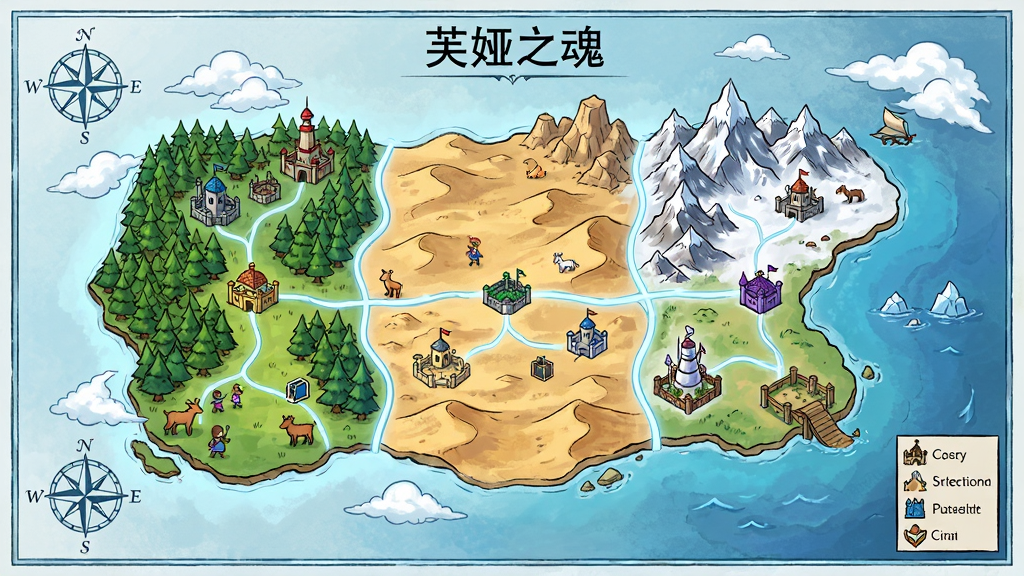 主体:《芙娅之魂》世界地图俯瞰图,展示不同地貌:森林、沙漠、雪山、海洋,每个区域有代表性地标。布局:地图采用手绘风格,用淡蓝色线条分隔区域,图标标注城镇与副本。排版:地图边缘有罗盘与图例,整体清晰。风格:幻想风格,色彩鲜艳,细节丰富。细节:每个区域有微小的人物与动物点缀,云朵飘动。画质:超高清,干净无多余元素。
