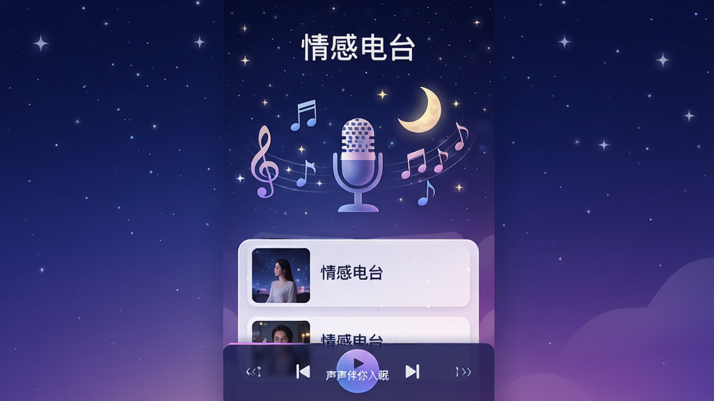 ���壺��������App����е�̨ҳ�棬����Ϊ�ǿ�ҹɫ��������һ����˷�ͼ�꣬��Χ����������������ͼ�������֣�ҳ�涥��Ϊ����е�̨�����⣬�·�Ϊ��Ŀ�б���Ƭ���ײ�Ϊ���ſ��������Ű棺�б�ʽ���֣�����ͼ����Ⲣ�š���񣺾�������������ɫ����ɫ���䣬��׺�ǹ⡣ϸ�ڣ����Ű�ť���С������������ߡ����������ʣ����£��ɾ����޶���Ԫ�ء�