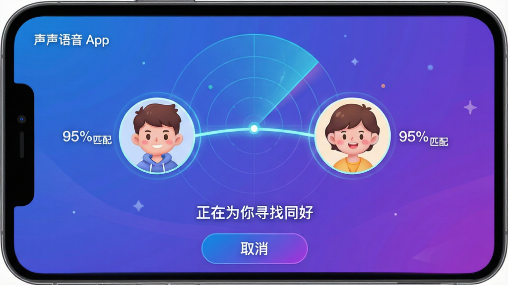 ���壺��������App������ƥ����棬��Ļ����������ͨ����ͷ��ͨ��һ������������ӣ��������״�ɨ�趯�������֣�����Ϊƥ�䶯�����·���ʾ������Ϊ��Ѱ��ͬ�á����ֺ͡�ȡ������ť���Ű棺���ֱ�ۣ���Ч��������񣺿Ƽ�������ܰ�н�ϣ���ɫ����ɫ���䱳����ϸ�ڣ�ͷ������ƥ��Ȱٷֱ���ʾ���硰95%ƥ�䡱�����ʣ����壬�ɾ����޶���Ԫ�ء�