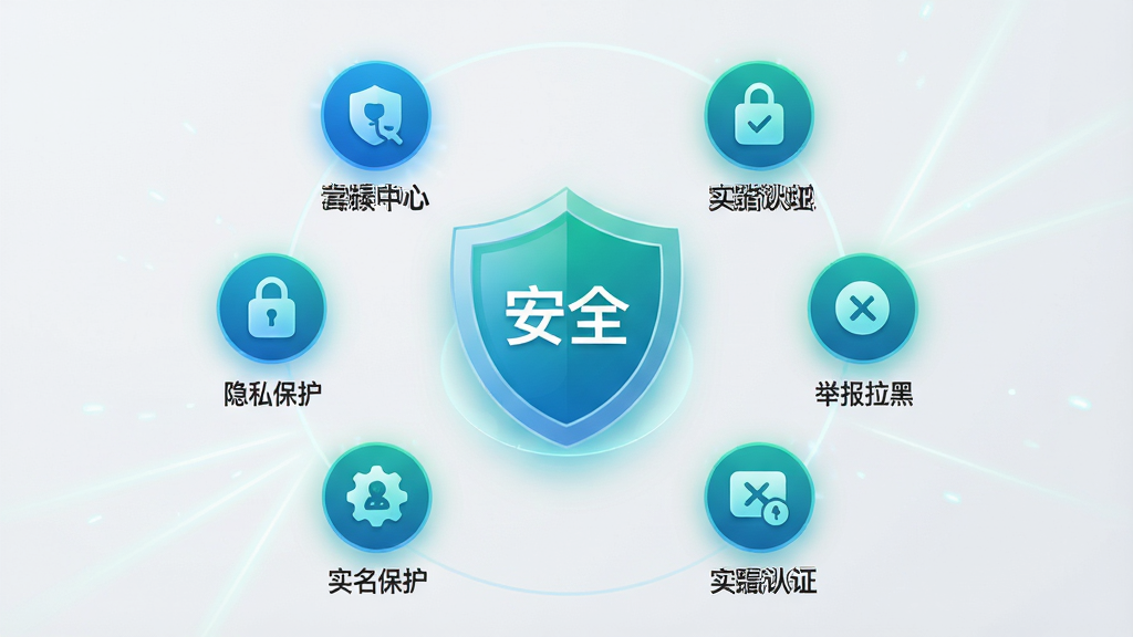 ���壺��������App�İ�ȫ���Ľ��棬������һ������ͼ�꣬��Χ�����š���˽����������ʵ����֤�������ٱ����ڡ���Сͼ�ꡣ���֣����ƾ��У�����ͼ��ʻ������С��Ű棺���������ͼ���·�������˵������񣺰�ȫ�ɿ��У�����ɫ��������Ϊ����ɫ��ϸ�ڣ��������С���ȫ��������ÿ��Сͼ�궼�з���Ч�������ʣ����壬�ɾ����޶���Ԫ�ء�