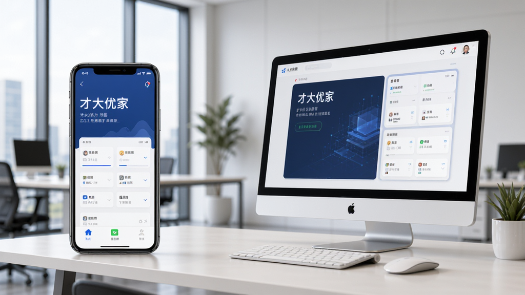 主体:才大优家使用场景图,展示手机和电脑同时打开应用,背景为现代办公室,布局:左右分布,手机在左,电脑在右,排版:协调自然,风格:商务科技感,细节:屏幕显示应用主界面,画质:高清,干净,无多余元素