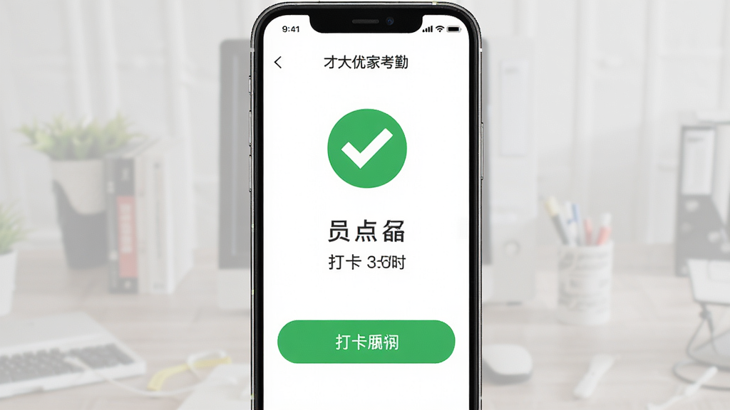 主体:才大优家考勤功能页面,显示打卡成功界面,背景为绿色对勾图标,布局:手机屏幕居中,显示员工姓名和打卡时间,排版:简洁清晰,风格:商务简约,细节:打卡按钮醒目,画质:高清,干净,无多余元素