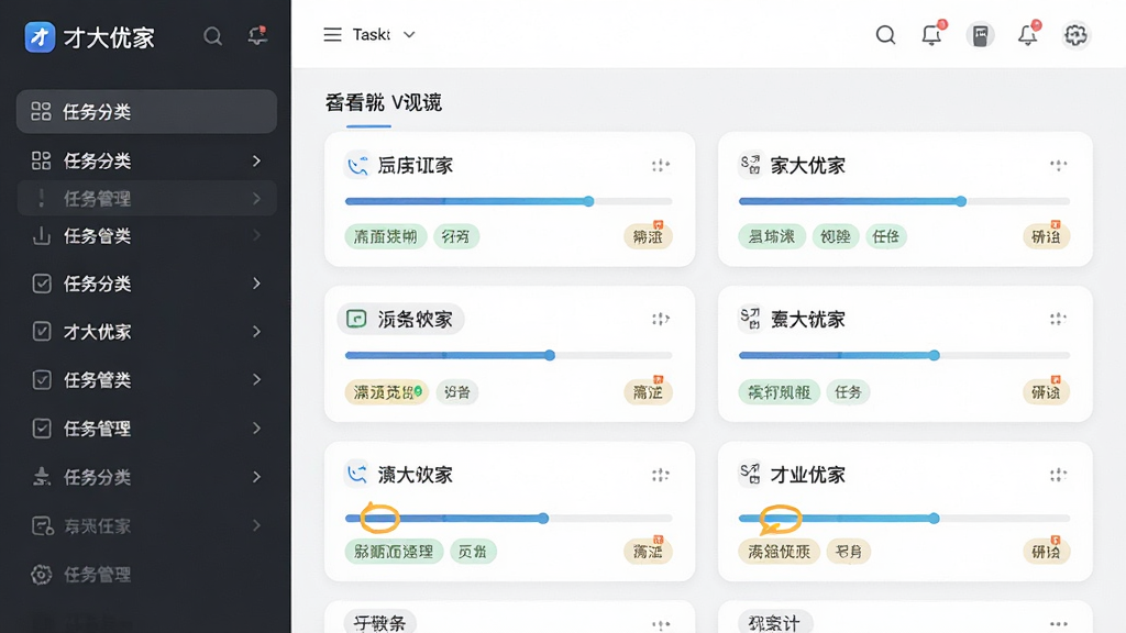 主体:才大优家任务管理界面,展示任务列表和看板视图,布局:左右分栏,左侧为任务分类,右侧为任务卡片,排版:卡片式布局,风格:清新简约,细节:任务卡片带有进度条和标签,画质:高清,干净,无多余元素