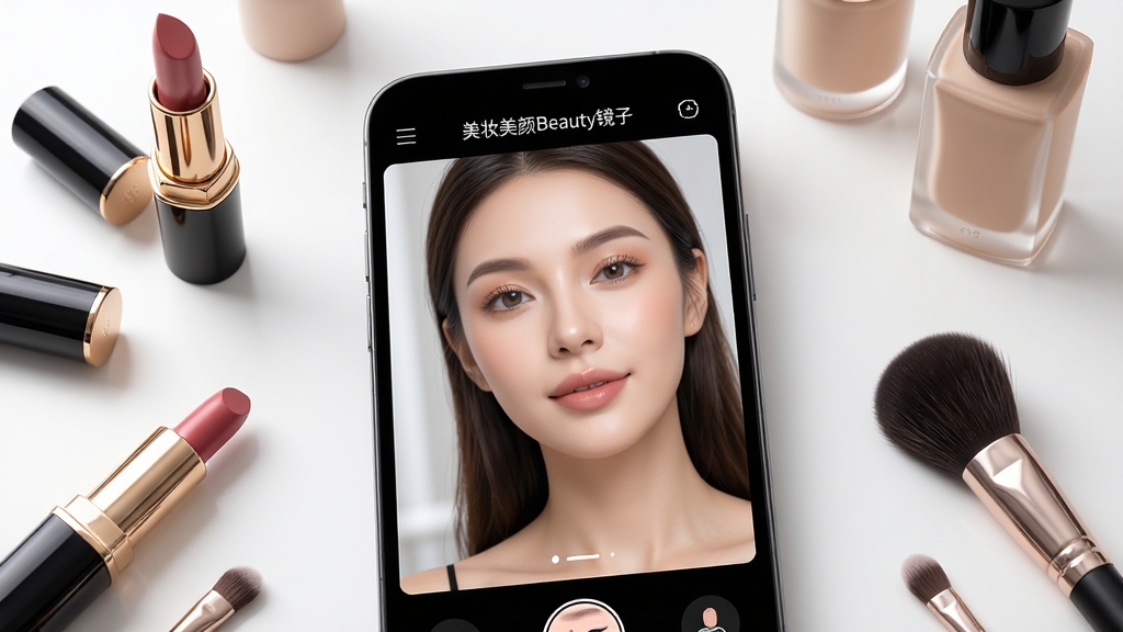 主体:一部智能手机屏幕中显示美妆美颜Beauty镜子的主界面,界面中有高清镜面效果和虚拟试妆功能展示,周围有口红、粉底、化妆刷等美妆产品环绕。布局:手机居中偏下,美妆产品散落在手机周围,形成自然点缀。排版:画面简洁,手机屏幕内容清晰可见,美妆产品错落有致。风格:时尚、精致、明亮,具有现代美妆氛围。细节:手机屏幕中显示“美妆美颜Beauty镜子”字样,镜面中映射出一位妆容精致的女性面容,妆容效果自然。画质:8K超清,细腻质感,干净无多余元素。