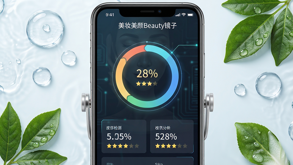 主体:美妆美颜Beauty镜子的智能皮肤检测功能界面,屏幕中显示面部皮肤分析数据,有环形图表和各项指标分数,周围有水滴、叶子等护肤元素。布局:手机屏幕居中,分析数据占据主要位置,护肤元素点缀四周。排版:数据可视化,清晰易读。风格:科技感、专业感、清新。细节:屏幕中显示“美妆美颜Beauty镜子”字样,皮肤检测结果以百分比和星级呈现。画质:高清,图表清晰,干净无多余元素。