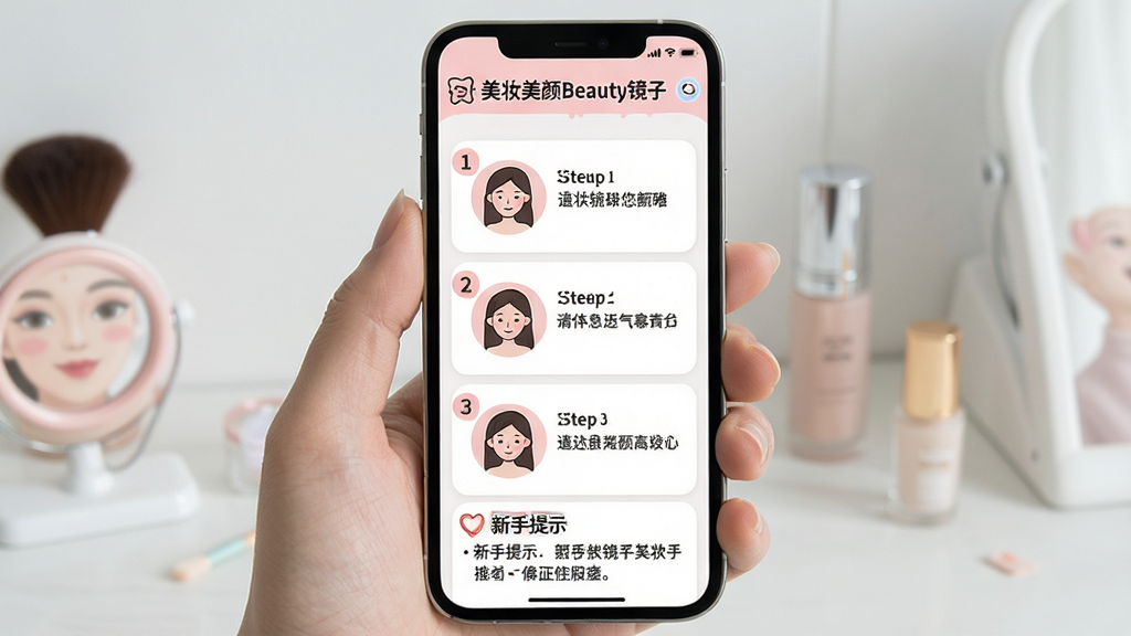 主体:一部手机屏幕上显示美妆美颜Beauty镜子的使用教程界面,界面中有操作步骤图文说明,旁边有“新手提示”小贴士。布局:手机居中,教程内容清晰展示,小贴士在屏幕下方。排版:图文结合,步骤清晰。风格:简洁、友好、教学感。细节:屏幕中显示“美妆美颜Beauty镜子”字样,教程步骤以数字编号列出,配有图标。画质:高清,文字清晰,干净无多余元素。