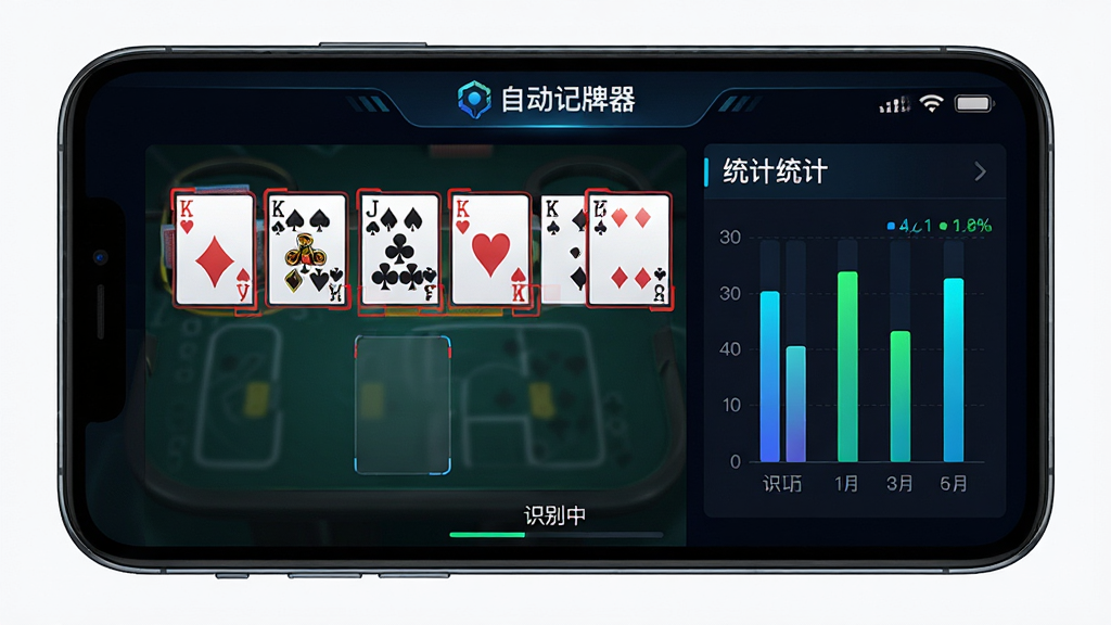 主体:自动记牌器应用正在识别手机屏幕上的扑克牌局,屏幕上有红色方框标记已识别的牌张;布局:手机横屏展示,左侧为识别区域,右侧为统计结果;排版:识别框精准对齐每张扑克牌,统计结果以柱状图形式呈现;风格:科技感UI,深色背景配亮色数据;细节:屏幕上方显示“自动记牌器”Logo,下方有“识别中”状态提示;画质:清晰细腻,干净无多余元素。