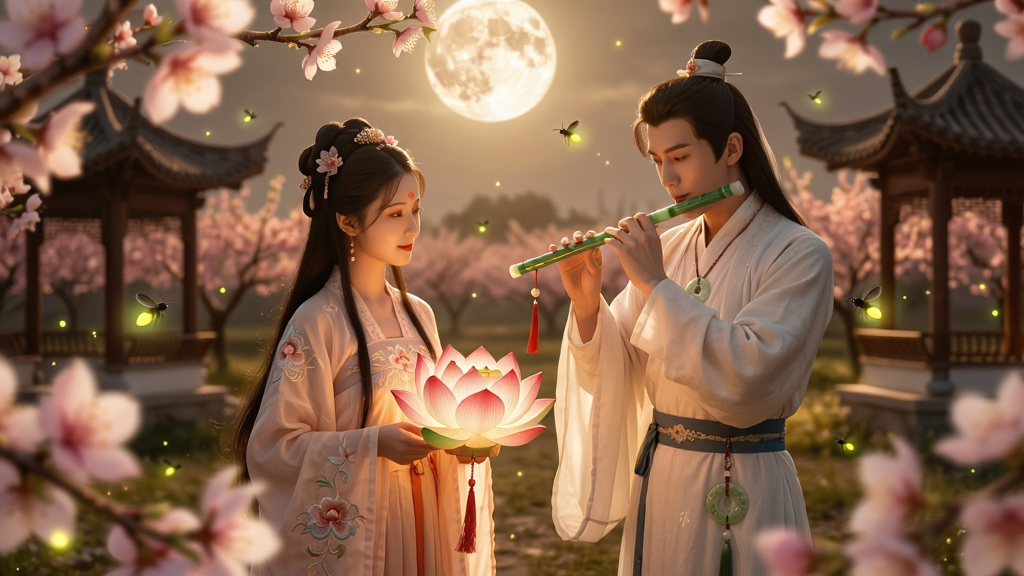 主体:一男一女两位古装角色在月下桃林中相对而立,女子手持莲花灯,男子轻抚玉笛,周围有萤火虫环绕。布局:双人对称构图,背景为月光下的桃林与亭台楼阁。排版:温馨浪漫,主体居中,前景有桃花枝虚化。风格:唯美古风,色调偏暖,朦胧梦幻。细节:女子裙摆绣有花纹,男子腰间玉佩精致,月光透过花瓣洒落,光晕柔和。画质:细腻画质,干净无多余元素。