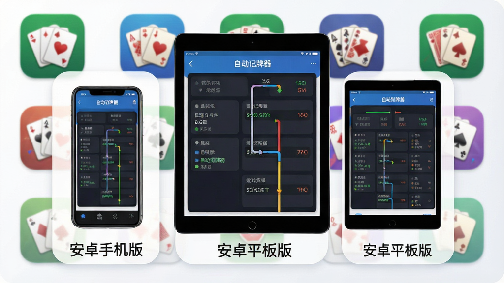 主体:自动记牌器应用兼容多种设备,包括手机、平板,背景为多款棋牌游戏图标;布局:设备并列展示,屏幕均显示应用界面;排版:统一风格,设备下方标注“安卓手机版”“安卓平板版”字样;风格:简洁商务风,浅色背景,圆角卡片设计;细节:每个设备屏幕中显示“自动记牌器”主界面,数据面板清晰可见;画质:高清渲染,干净无多余元素。