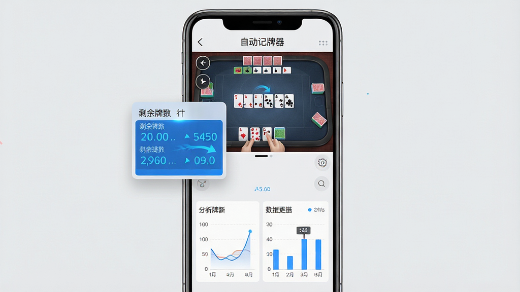 主体:手机屏幕显示自动记牌器运行界面,画面中有清晰的牌桌和悬浮窗数据;布局:手机竖屏,上方为牌局画面,下方为数据面板;排版:悬浮窗位于屏幕左侧,显示剩余牌数,主界面展示统计图表;风格:简约实用,浅灰背景,蓝色数据高亮;细节:屏幕中显示“自动记牌器”字样,数据更新动画流畅;画质:高清,干净无多余元素。