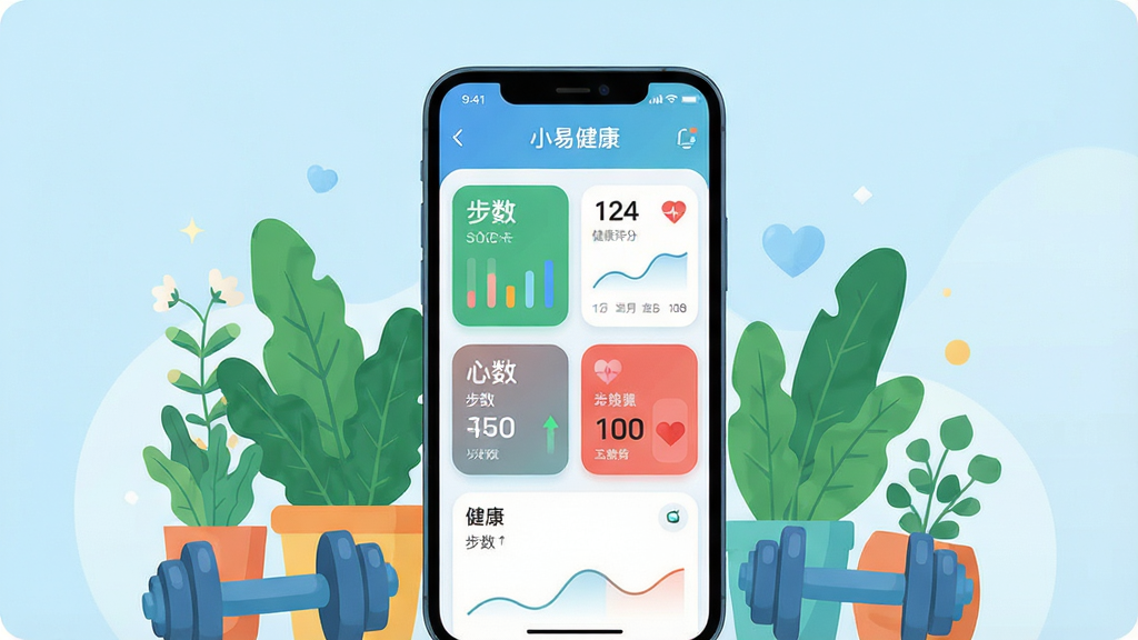 主体:一部智能手机屏幕显示“小易健康”APP主界面,界面内有健康评分、步数、心率等卡片。布局:手机居中,周围有绿色植物和哑铃等健康元素环绕,背景为浅蓝色渐变。排版:手机屏幕内容清晰可辨,卡片圆润排列,整体视觉中心突出。风格:扁平化插画风格,色彩明快,干净清爽,符合医疗健康类应用气质。细节:屏幕中显示“小易健康”字样,健康数据用图表呈现,画面无多余杂物。画质:高清渲染,干净,无多余元素。