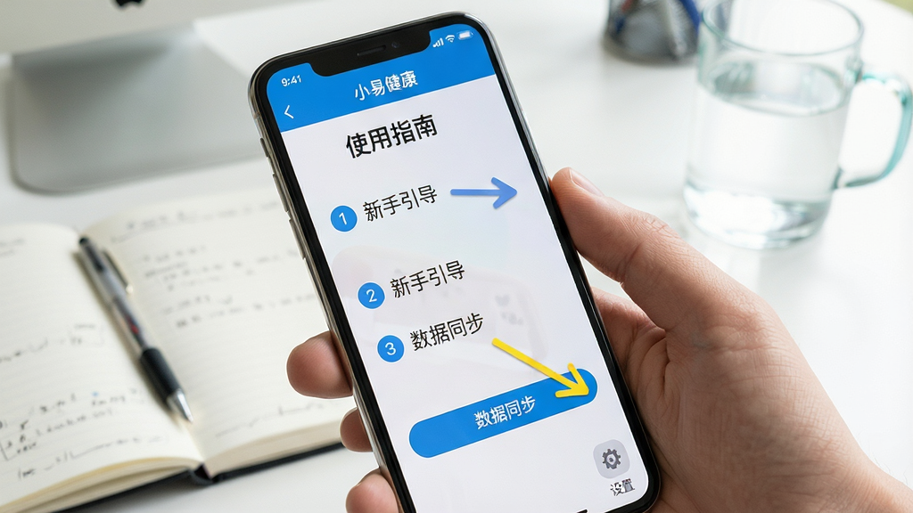 主体:小易健康APP的“使用指南”界面,屏幕上有新手引导箭头和“设置”图标。布局:手机屏幕手持特写,背景为工作台面,有笔记本和水杯。排版:屏幕内文字清晰,引导步骤用数字标出。风格:实拍风格,光线明亮。细节:屏幕上有“小易健康”字样,箭头指向“数据同步”按钮。画质:高清,干净,无多余元素。