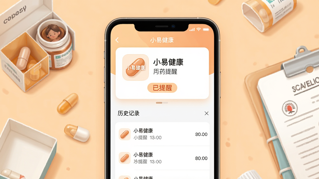 主体:小易健康APP的用药提醒界面,屏幕上有药丸图标和“已提醒”字样。布局:手机屏幕占据画面中央,周围散落着药盒和病历本,背景为浅橙色。排版:提醒卡片置顶,下方为历史记录列表,布局简洁明了。风格:插画风与写实结合,色调柔和温馨。细节:药丸图标上有“小易健康”水印,时间显示清晰。画质:高清,干净,无多余元素。