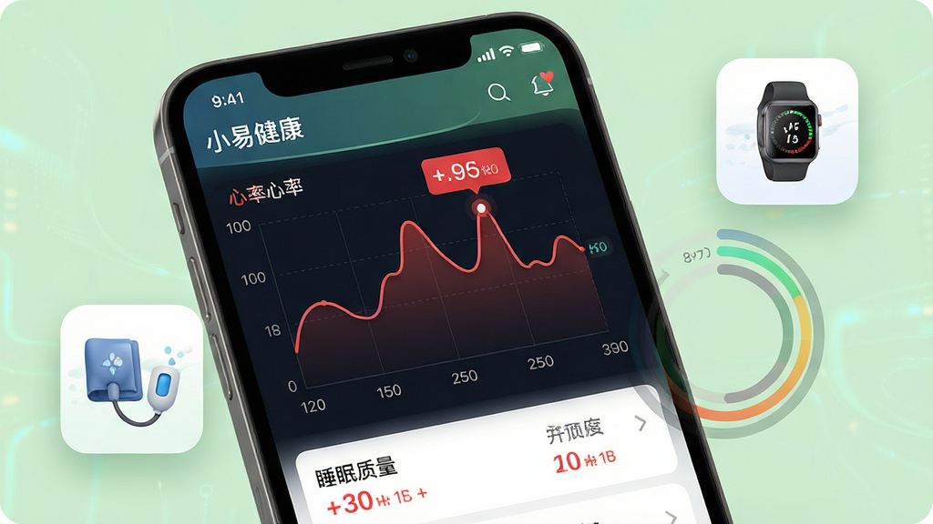 主体:小易健康APP的数据追踪功能界面,屏幕上显示心率曲线图与睡眠质量环形图。布局:手机屏幕特写,旁边悬浮着血压计和智能手表图标,背景为淡绿色。排版:图表数据清晰,重点数据用红色高亮,整体布局对称稳重。风格:写实与UI结合,科技感十足。细节:屏幕左上角有“小易健康”字样,曲线平滑,环形图色彩分明。画质:高清,干净,无多余元素。