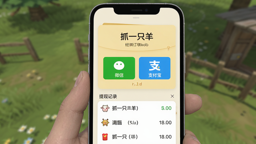 游戏内提现界面截图,手机屏幕展示“抓一只羊”的红包提现页面,有微信和支付宝两个选项,下方显示提现记录列表,背景为淡黄色卡片风格,界面简洁清晰,文字突出,画质干净明亮。