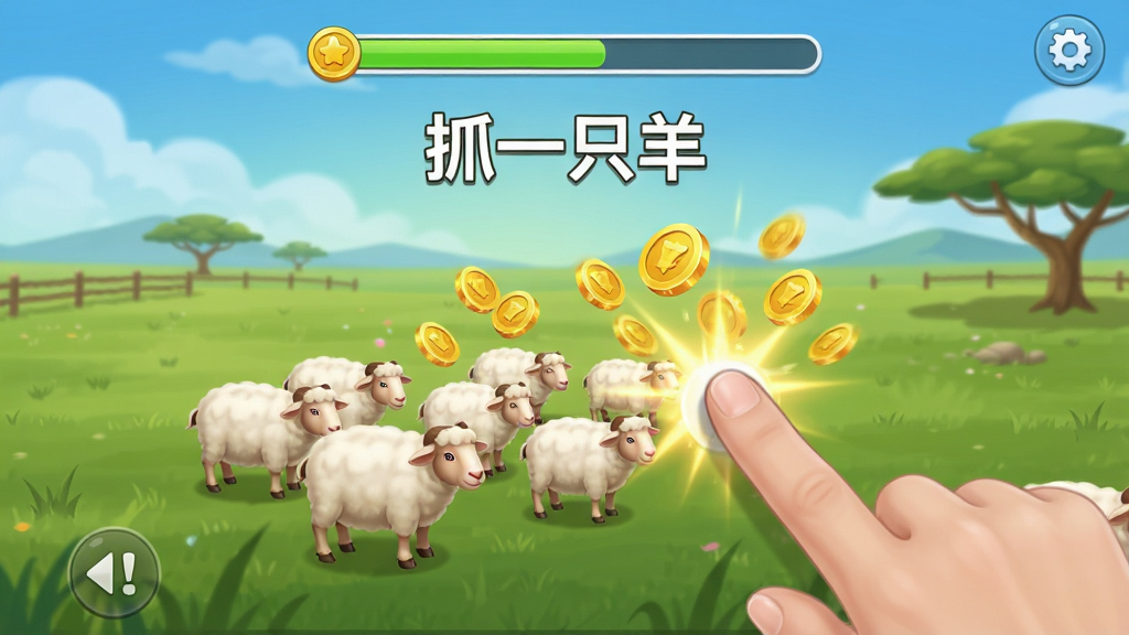 手机游戏操作界面,手指正在点击屏幕上的羊群,画面有金币飞出的特效,背景为草原,顶部显示任务进度条,界面布局清晰,画质流畅,文字“抓一只羊”出现在屏幕上方,整体干净明亮。