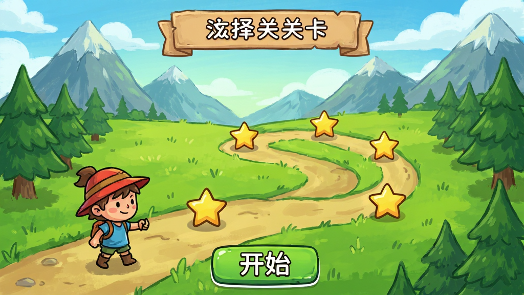 游戏关卡选择地图,草原路径上分布多个星星标记的关卡点,背景有山川和树木,一个卡通人物站在起点,界面底部有“开始”按钮,整体风格手绘卡通,色彩鲜艳,画质细腻干净。