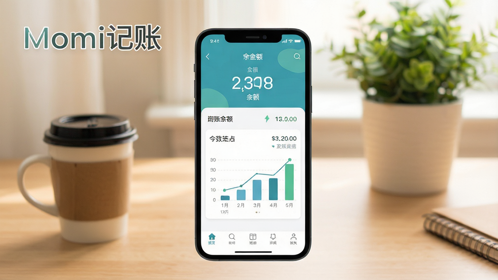 一张展示Momi记账应用在手机桌面上运行的场景,手机屏幕正面展示应用主界面,界面显示余额数字和简洁的收支图表,背景为温馨的室内书桌,摆放咖啡杯和绿植,整体画面明亮干净,采用扁平化设计风格,突出软件名称“Momi记账”字样,画质清晰,细节丰富,无多余元素