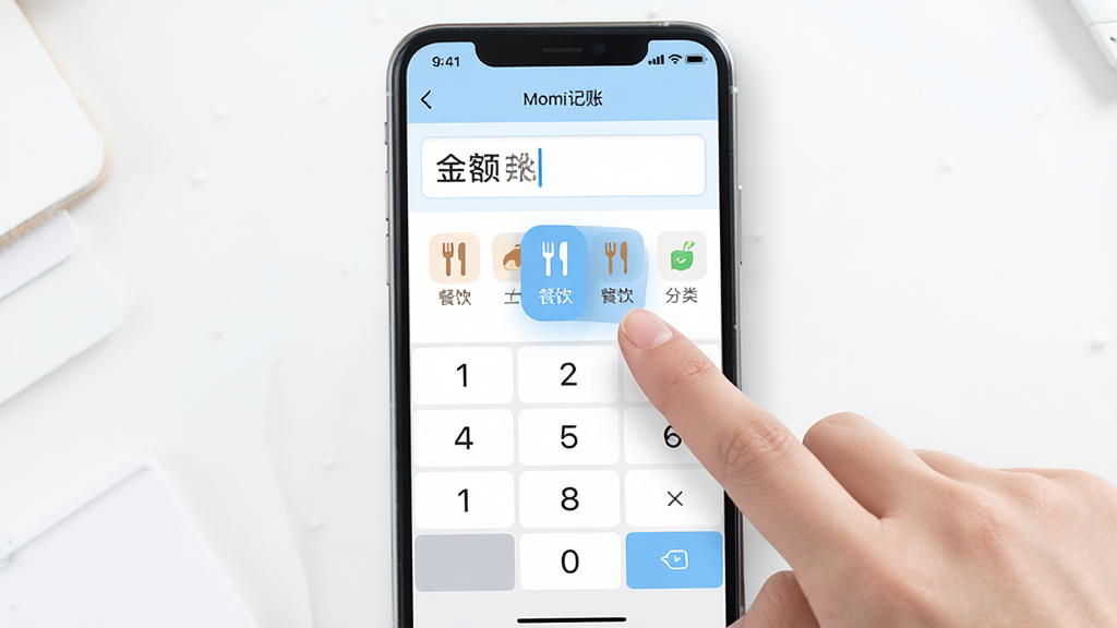 展示Momi记账应用内快速记账的操作界面,界面中央有数字键盘和分类图标,手指正在点击“餐饮”分类,上方显示金额输入框,界面风格简洁清新,以白色和淡蓝色为主色调,突出“Momi记账”软件名称,画质干净明亮,细节清晰,无多余元素
