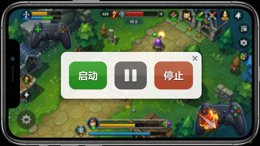 自动免费连点器点击的使用场景示意图,展示手机屏幕上悬浮窗控制按钮,背景为游戏界面,突出悬浮窗的“启动”、“暂停”和“停止”按钮,整体风格写实,色彩明亮,细节丰富,画质清晰,无多余元素。