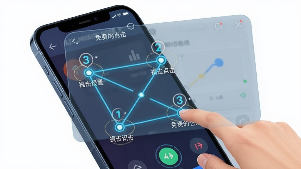 自动免费连点器点击的功能示意图,展示在手机屏幕上设置多个点击坐标点,并用连线表示点击顺序,背景为半透明的操作界面,突出显示坐标点的位置和顺序数字,整体风格为科技感插画,色彩鲜明,细节丰富,画质清晰,无多余元素。