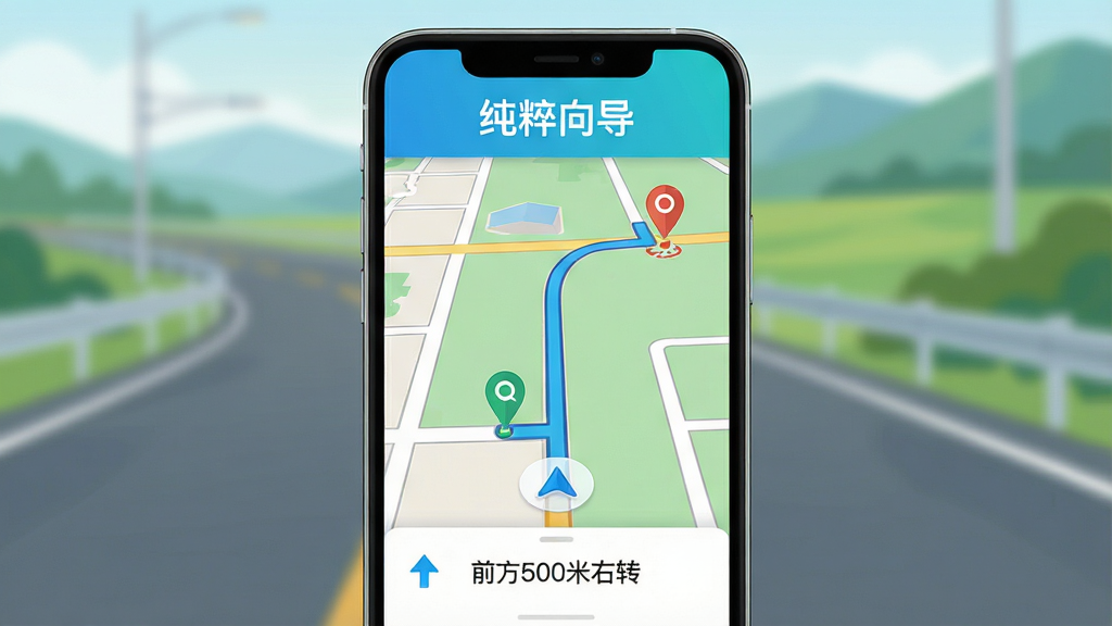 主体:手机屏幕展示纯粹向导导航界面,界面风格简洁现代,显示地图路线和导航箭头,屏幕上方有“纯粹向导”字样;布局:手机居中,屏幕内容清晰可见,周围有道路和风景的浅景深背景;排版:手机屏幕内地图占主体,下方有简洁的导航提示栏;风格:扁平化设计,色彩明亮清新,科技感与生活感融合;细节:地图上标注路线、起点终点图标,导航箭头清晰,提示栏显示“前方500米右转”;画质:高清渲染,干净无多余元素。
