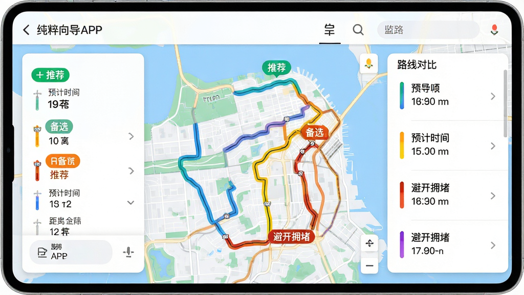 主体:纯粹向导APP的路线规划功能界面,地图上显示三条不同颜色的路线,标注“推荐”“备选”“避开拥堵”标签;布局:地图铺满画面,左侧有路线详情卡片,右侧有路线对比列表;排版:卡片式设计,信息层次分明,路线标签清晰;风格:现代简约,色彩明快;细节:地图上显示实时路况颜色条,路线标签醒目,卡片上有预计时间、距离数据;画质:高清,干净无多余元素。