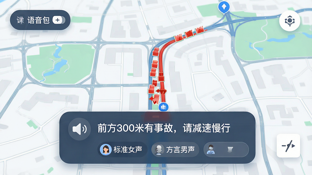 主体:纯粹向导APP语音播报功能界面,地图上显示前方路况预警,底部有语音播报卡片,卡片上写“前方300米有事故,请减速慢行”;布局:地图占主体,底部语音卡片悬浮,左上角有语音包切换按钮;排版:卡片圆角设计,文字清晰;风格:简洁实用,科技感;细节:地图上显示红色拥堵路段,语音卡片有喇叭图标,语音包列表有“标准女声”“方言男声”等选项;画质:高清,干净无多余元素。