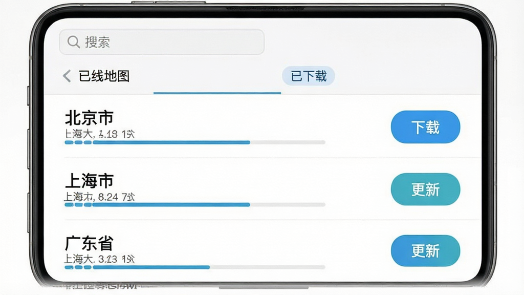 主体:纯粹向导APP离线地图下载界面,手机屏幕显示“离线地图”页面,列表中有“北京市”“上海市”“广东省”等省份,每个项后有下载按钮;布局:页面为列表式,顶部有搜索框和“已下载”标签页;排版:列表清晰,按钮醒目;风格:清爽简洁;细节:每个省份项显示地图大小,下载进度条,已下载的地图有“更新”按钮;画质:高清,干净无多余元素。
