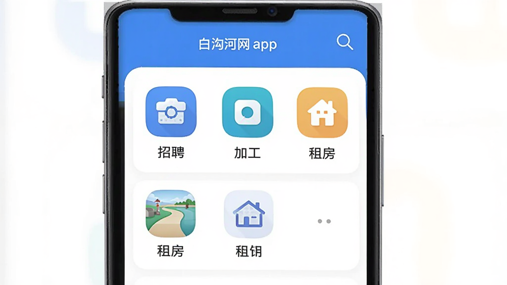 白沟河网app主界面展示,手机屏幕内显示首页信息流,包含招聘、加工、租房等分类图标,背景为简洁的蓝白配色,界面清爽,图标圆润,整体布局规整,现代扁平化设计风格,高清画质,干净无多余元素