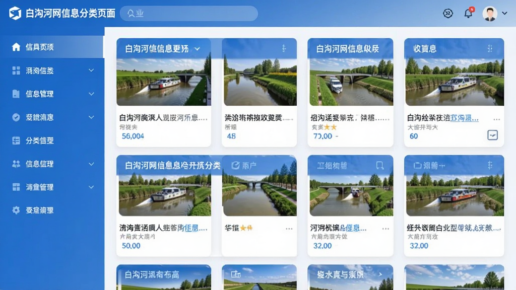 白沟河网信息分类页面,左侧为垂直分类导航栏,右侧展示对应的信息卡片列表,卡片上有清晰的标题和缩略图,界面采用蓝白主色调,布局简洁明了,现代UI风格,画质清晰,无多余元素