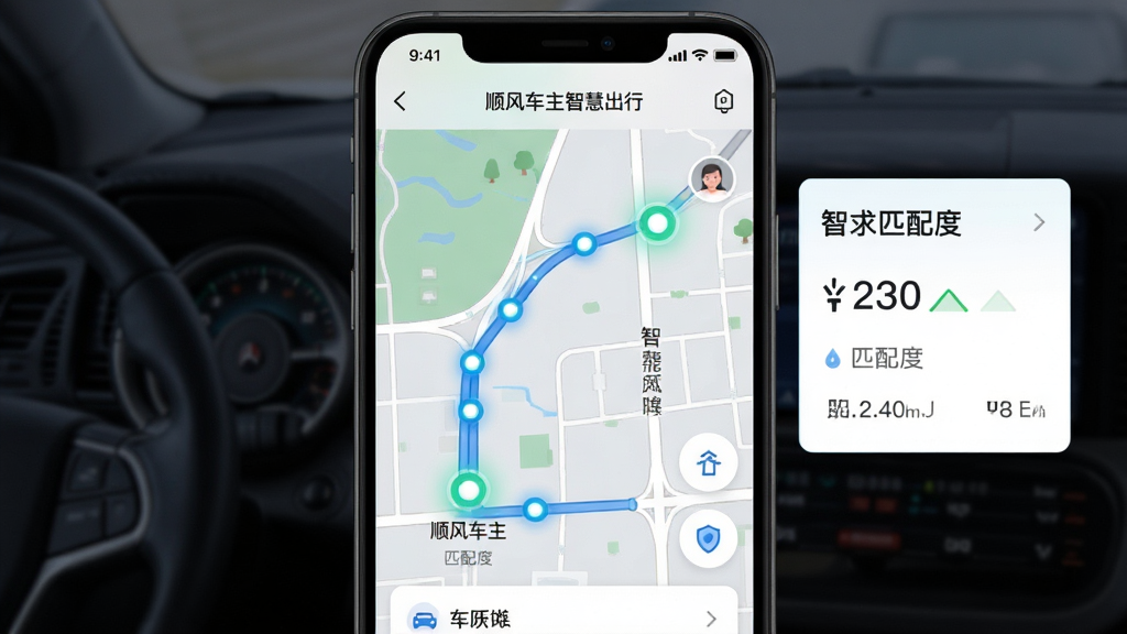 ���壺˳�糵���ǻ۳���APP������·��ƥ�书�ܽ��棬��ͼ����ʾ������˿͵�ƥ��·�ߣ�·�����з���Բ���ǣ��Ա�����Ϣ��Ƭչʾƥ��ȣ����־��У��Ű�������������¼�Լ��ϸ�ڰ�����·���ƺ;������ݣ�����ϸ��ɾ���������ʾ��˳�糵���ǻ۳��С��������޶���Ԫ��