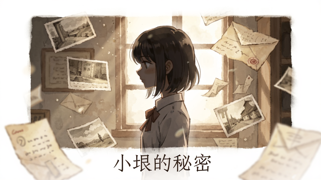 画面中央是一位少女“小垠”的侧影,她站在光影交错的旧式房间中,背景是散落的记忆碎片与泛黄的信纸,整体采用柔和水彩手绘风格,色调温暖而略带忧郁,构图以人物为主体居中,四周留白,细节包括飘浮的微尘与柔和的光晕,画质细腻干净,无多余元素,文字标注“小垠的秘密”于画面下方。