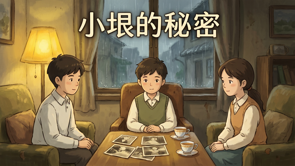 游戏剧情场景预览,画面中“小垠的秘密”标题下方展示三位角色围坐于旧式客厅,桌上摆放着老照片与茶杯,暖黄色灯光笼罩,手绘动画风格,构图采用对称式,人物表情细腻,背景有窗外的雨丝,画质柔和干净,文字“小垠的秘密”置于画面顶部。